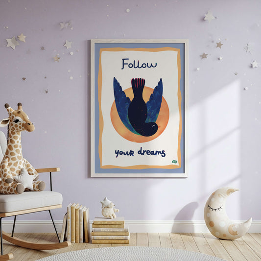 Hand-drawn nursery wall art in a kids bedroom with rocking chair, and toys on a light purple wall.