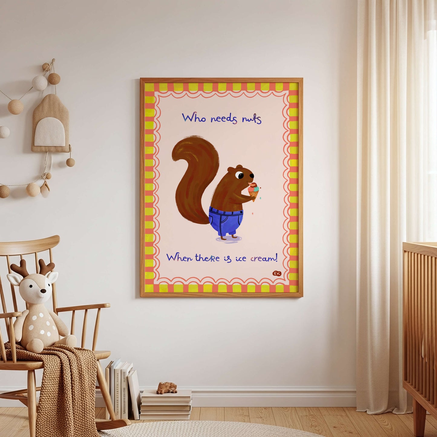 Framed children's artwork with a cute hand-drawn squirrel eating ice cream in a room with wooden furniture.
