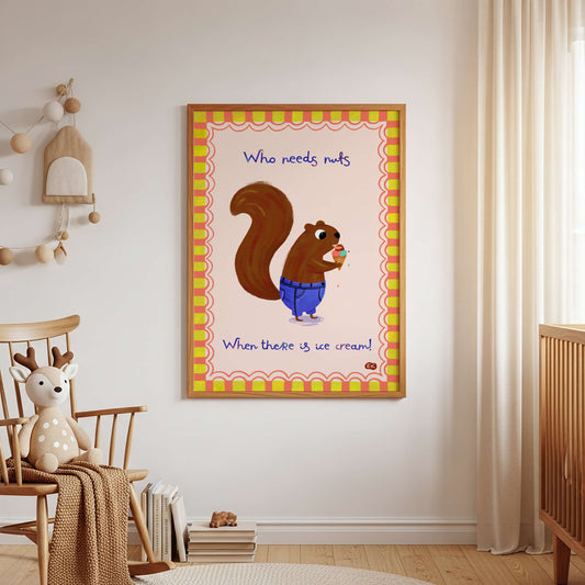 Framed children's artwork with a cute hand-drawn squirrel eating ice cream in a room with wooden furniture.