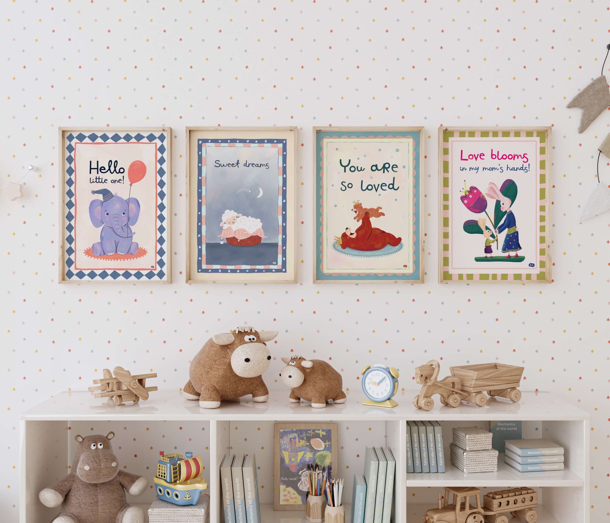 Children's room with framed illustrations on the wall and toys on a shelf.