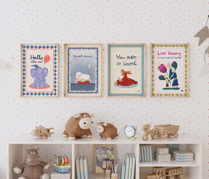 Children's room with framed illustrations on the wall and toys on a shelf.