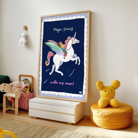 Framed children's poster with a unicorn design in a room with toys and furniture.