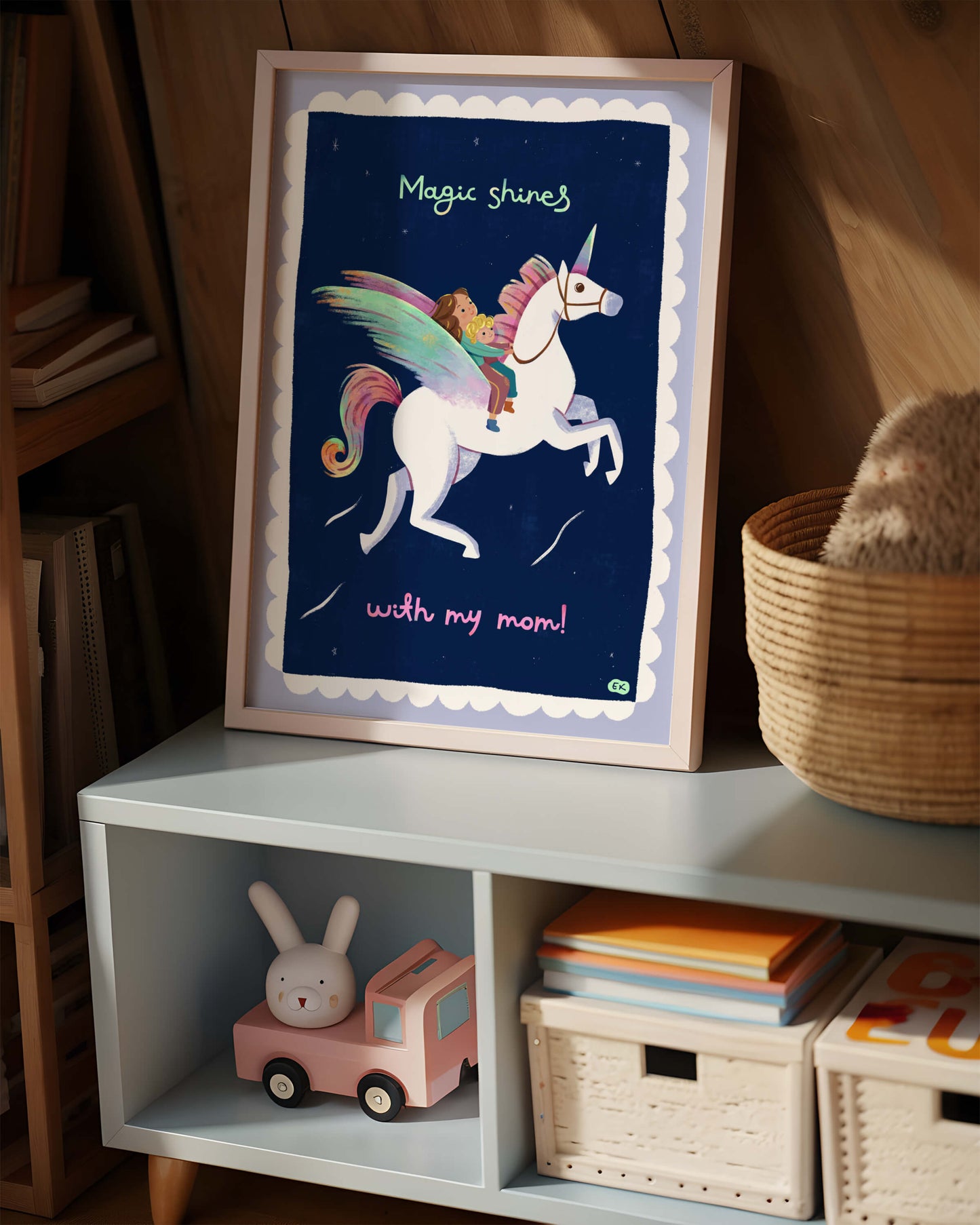 Framed children's poster with mom and child riding a unicorn.